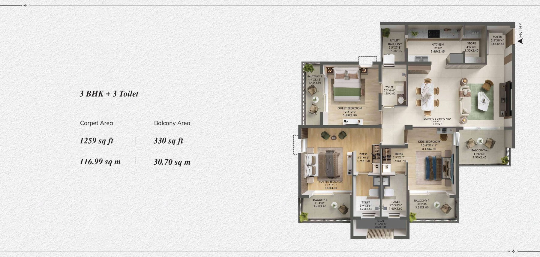 3BHK + UTILITY AREA