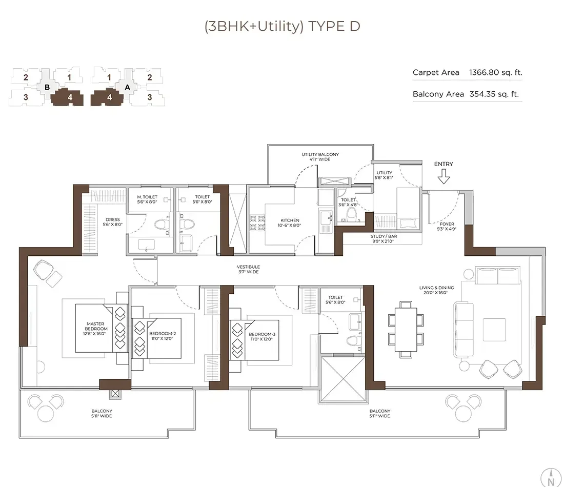 3 BHK + Utility Room