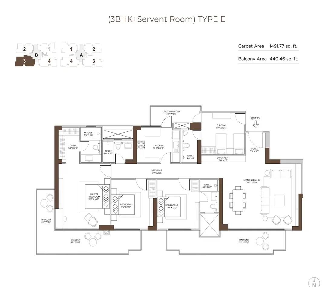 3 BHK + Servant Room